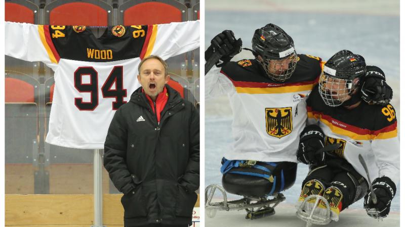 a shirt hanging on the wall of the ice rink and a pair of Para ice hockey players celebrate