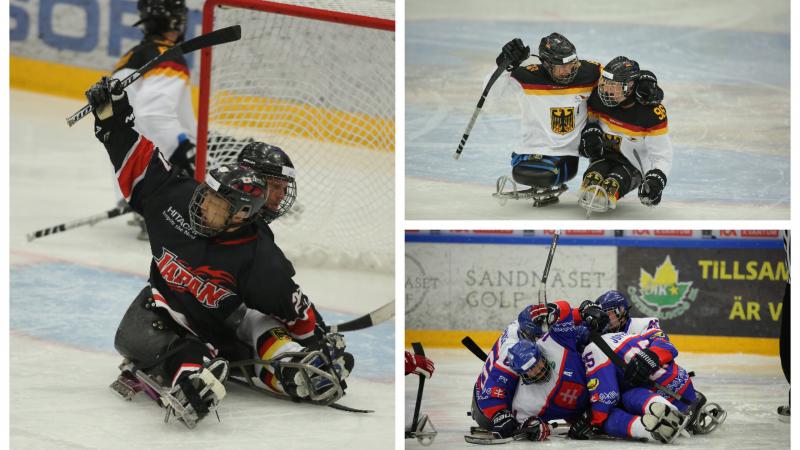 Para ice hockey players celebrate on the ice