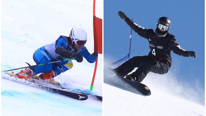 a male alpine skier and a female snowboarder