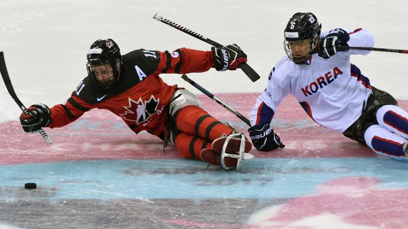 two Para ice hockey players contest the puck