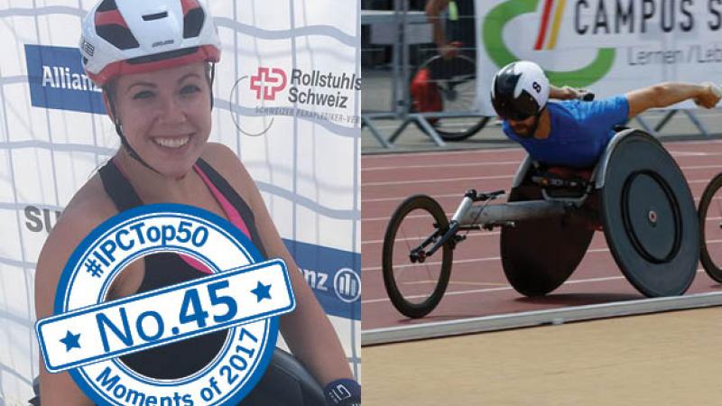 a female and male wheelchair racer