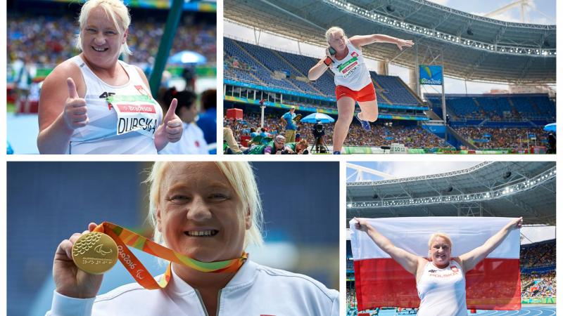 a female Para athlete celebrates winning gold at the Paralympic Games