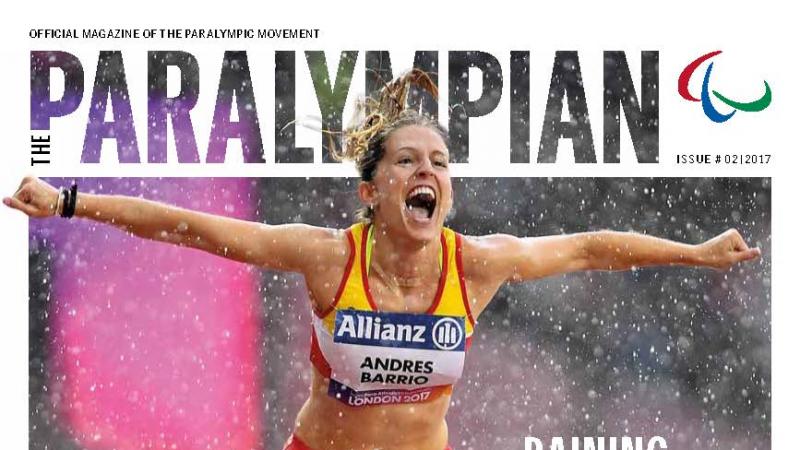 Cover of magazine with female sprinter celebrating in rain