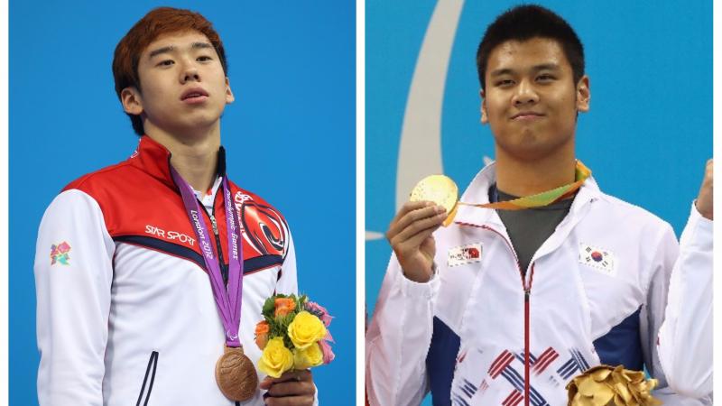 two male Para swimmers stand on the podium with their medals