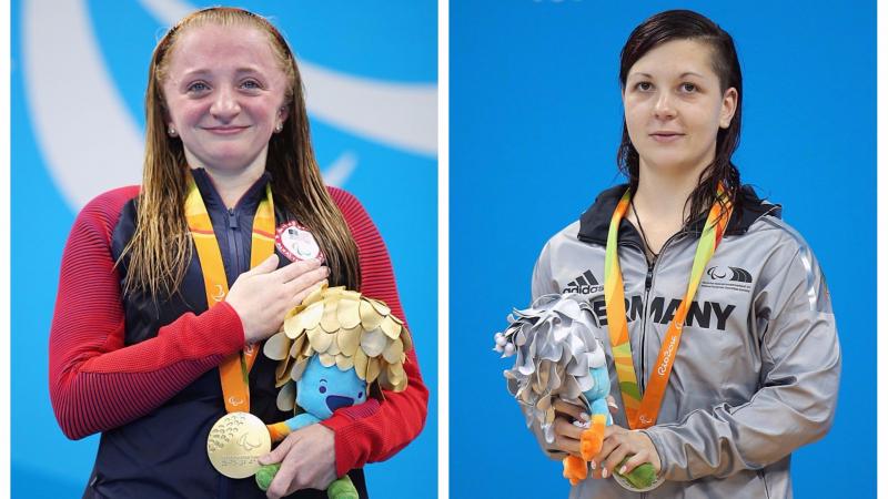 two female Para swimmers stand on the podium with their medals
