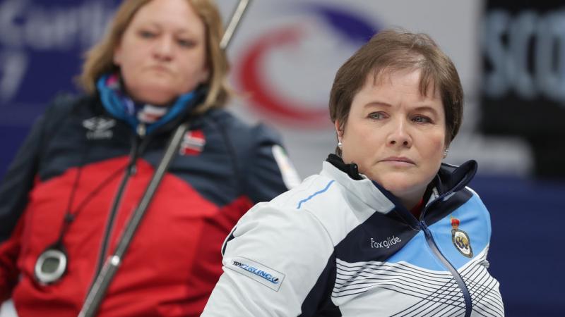 a female wheelchair curling player