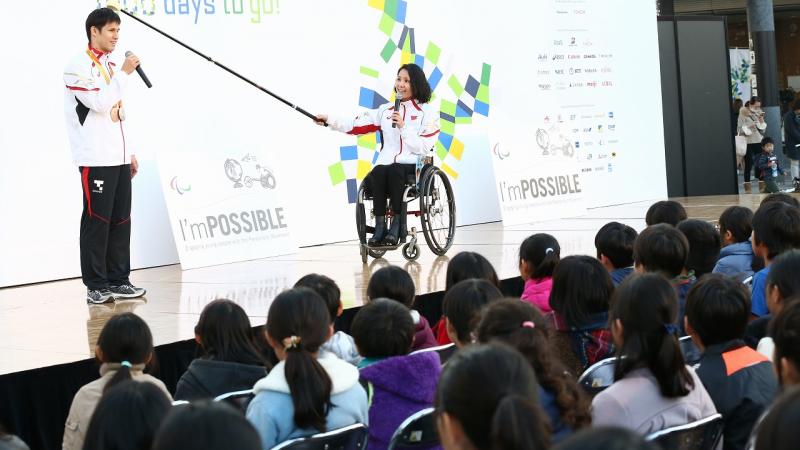 Para swimmer Keiichi Kimura and Proud Paralympian Miki Matheson speak to 120 children at event in Tokyo