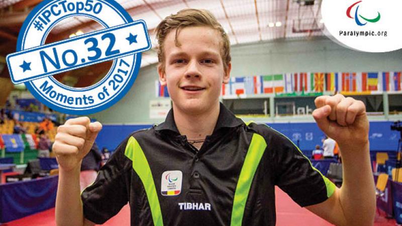 a male Para table tennis player gives a thumbs up to the camera