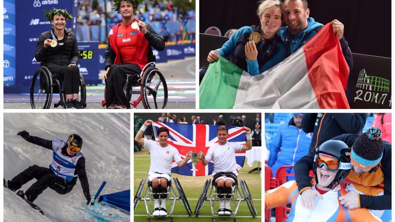 Para athletes celebrating wins in marathon, fencing, wheelchair tennis, snowboard and alpine skiing