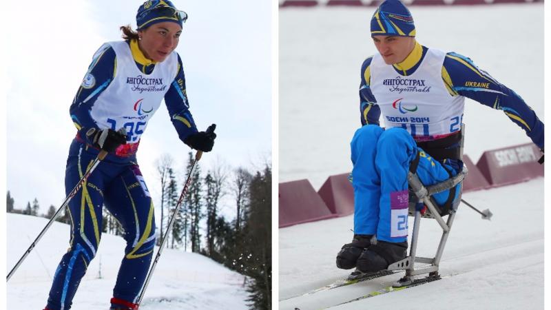 a male and female Para Nordic skiers competing