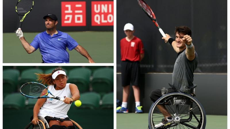 three wheelchair tennis players playing shots