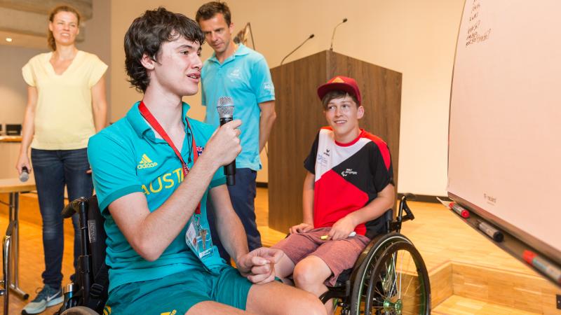 Two athletes take part in a Proud Paralympian workshop ahead of World Para Athletics Junior Championships in Nottwil, Switzerland