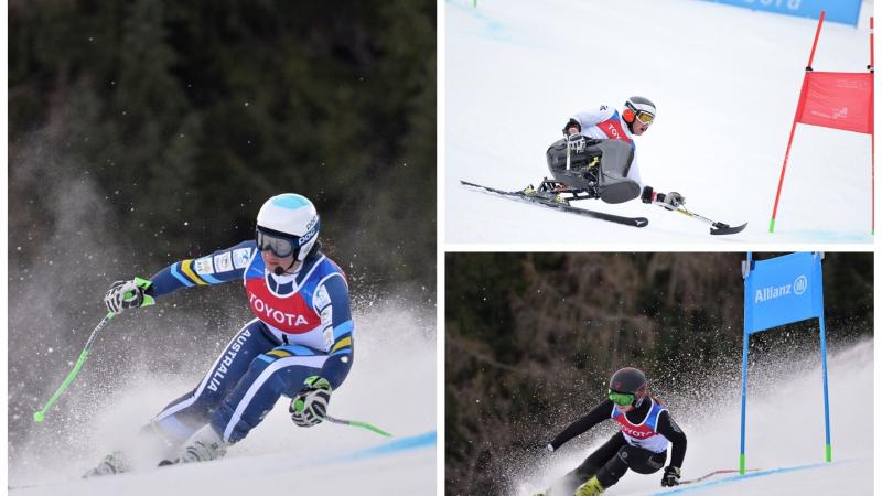 three Para alpine skiers on the slopes