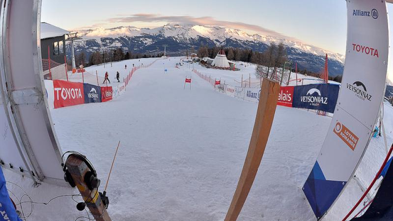 wide shot from the top of an alpine skiing slalom course