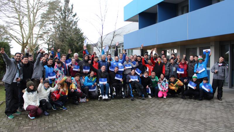 Around 50 participants of Nordic Development Camp pose for pictures in front of FT Hotel in Oberried