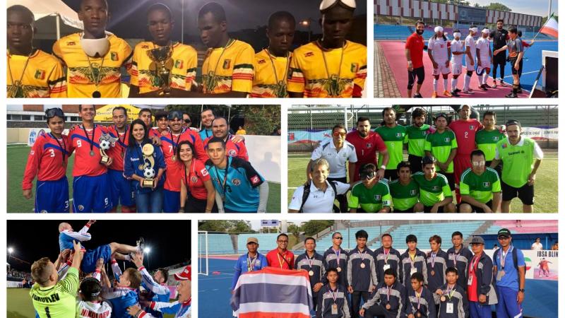 blind footballer players celebrating with a trophy