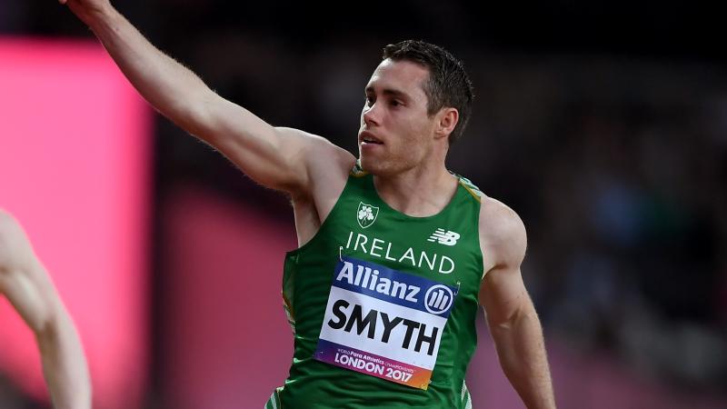 Jason Smyth of Ireland celebrates as he crosses the line to win the Men's 100m T13 Final at the London 2017 World Para Athletics Championships.