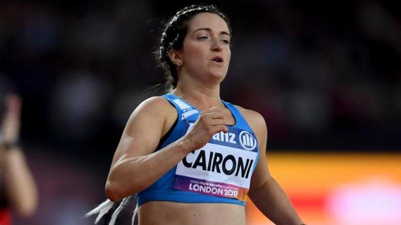 Martina Caironi of Italy crosses the line to win the Women's 100m T42 Final at the London 2017 World Para Athletics Championships.