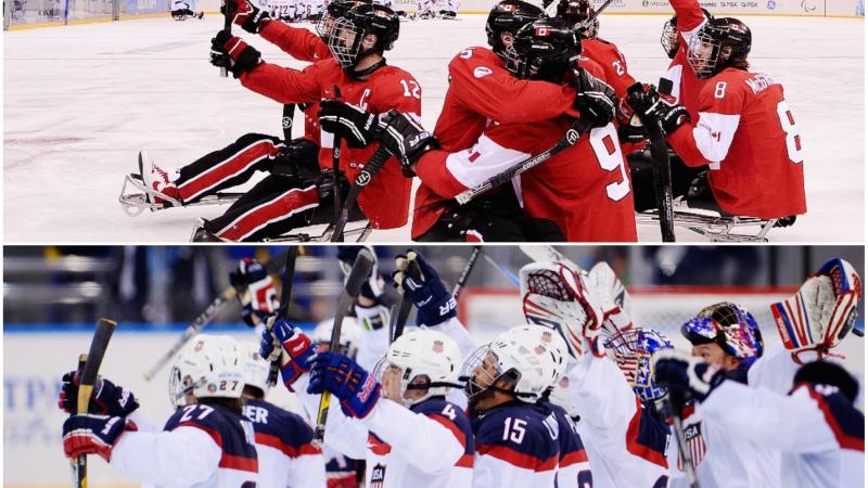 two Para ice hockey teams celebrating on the ice