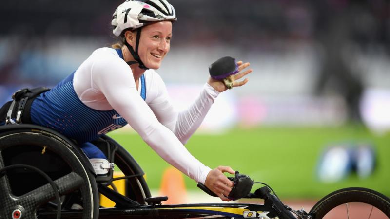 Tatyana McFadden of the United States celebrates winning a gold medal in the Women's 800m T54 Final at the London 2017 World Para Athletics Championships.