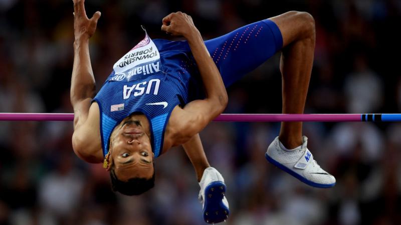 Roderick Townsend-Roberts of the USA competes in the Men's High Jump T47 Final at the London 2017 World Para Athletics Championships.