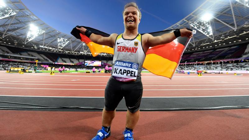 Niko Kappel of Germany celebrates victory in the Men's Shot Put F41 Final at the London 2017 World Para Athletics Championships.