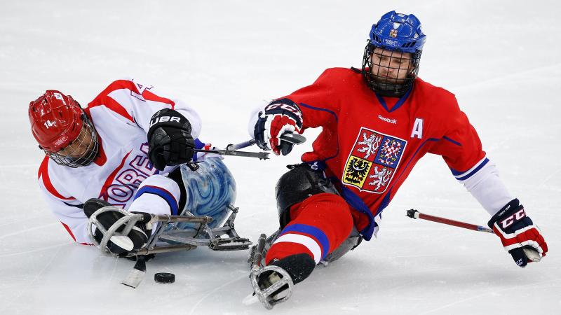 two Para ice hockey players clash on the ice