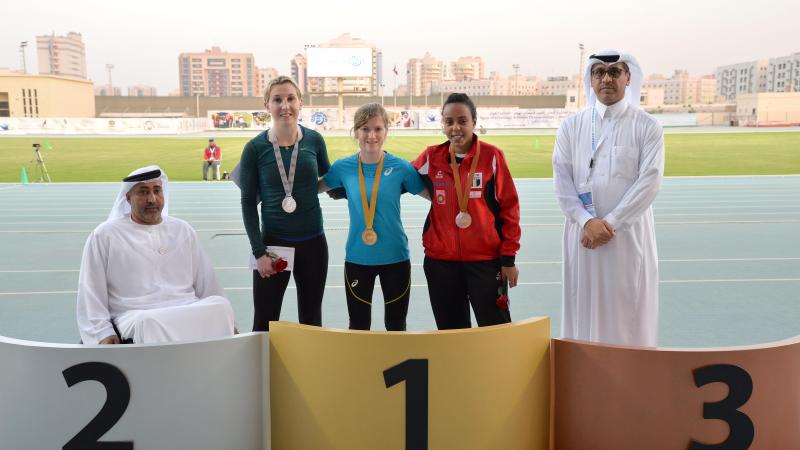 Great Britain's Sophie Hahn celebrates winning gold in the 200m T35/36/37/38. at the 2018 World Para Athletics Grand Prix in Dubai.