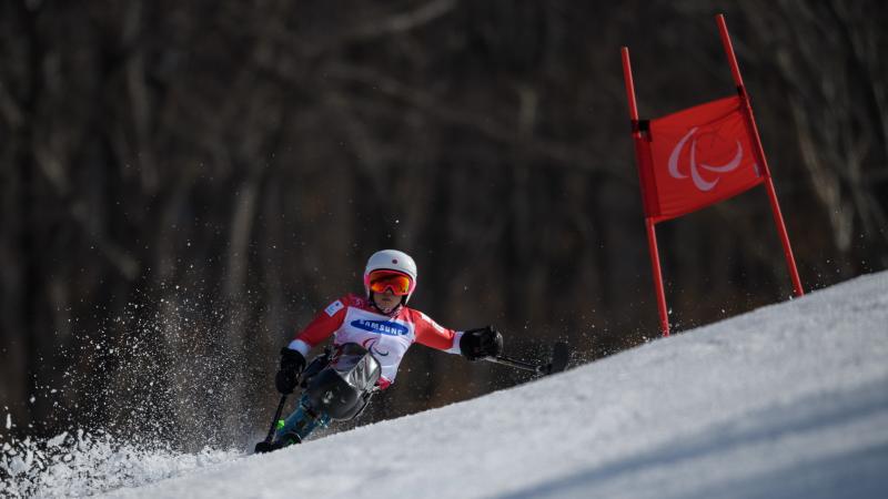 Momoka Muraoka competes during the Alpine Skiing Sitting Women’s Giant Slalom run 2