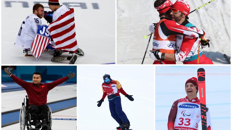 five male Para athletes celebrating medal success