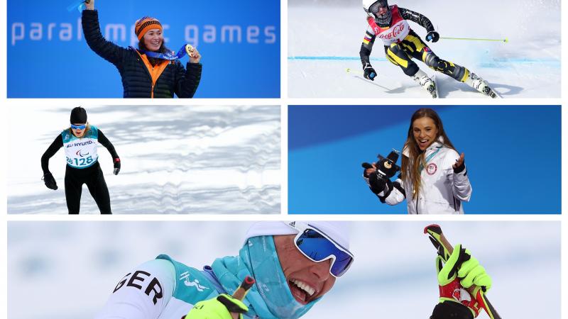 five female athletes competing in winter sports