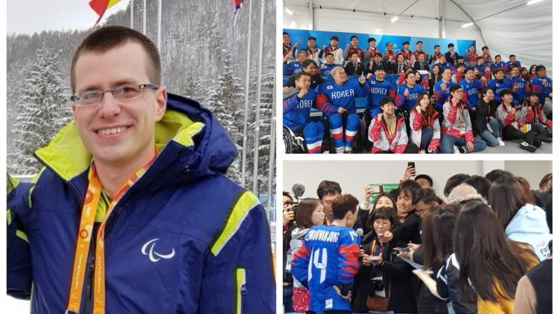 a male writer at an ice hockey rink