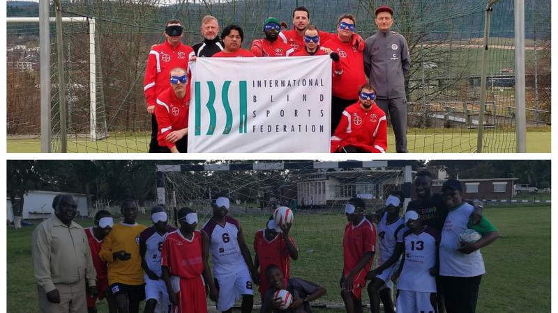 two groups of blind footballers smile for the camera