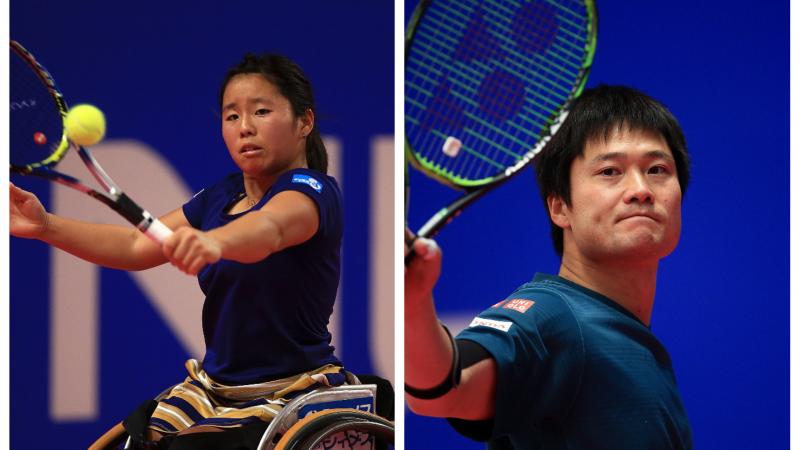 a male and female wheelchair tennis player in action