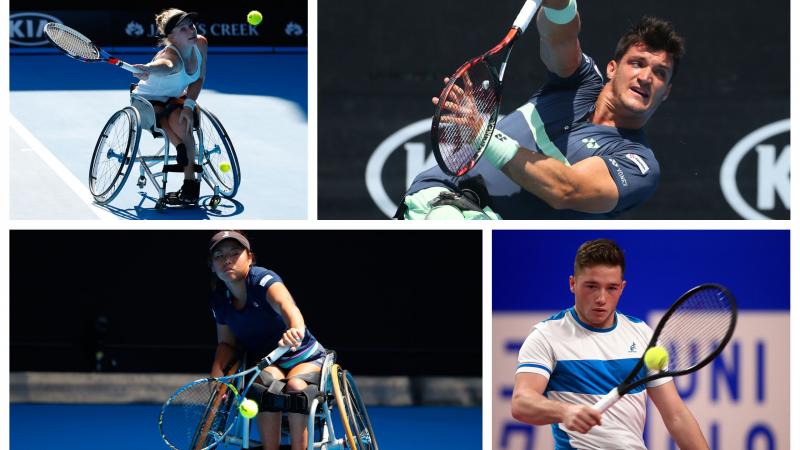 four wheelchair tennis players hitting shots on court