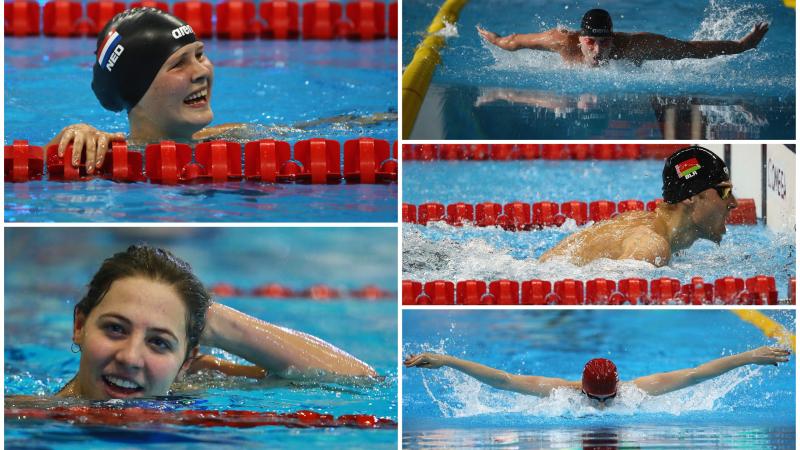 five swimmers in action in the pool