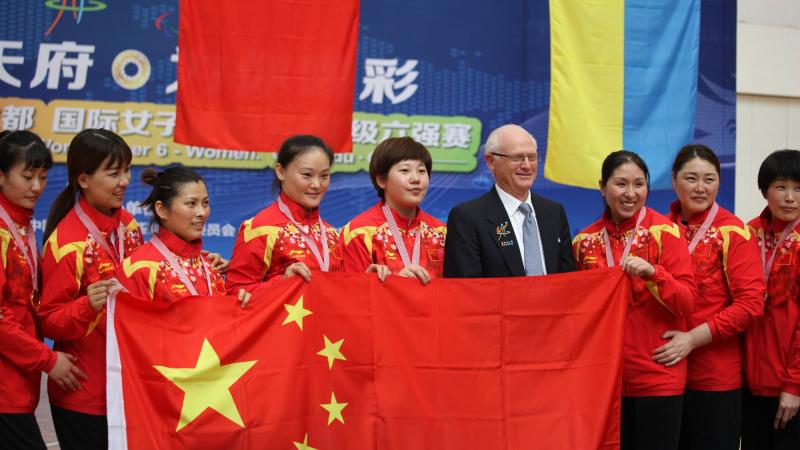 Chinese women's sitting volleyball team celebrates after winning gold at World Super 6