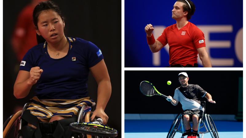 three wheelchair tennis players in action