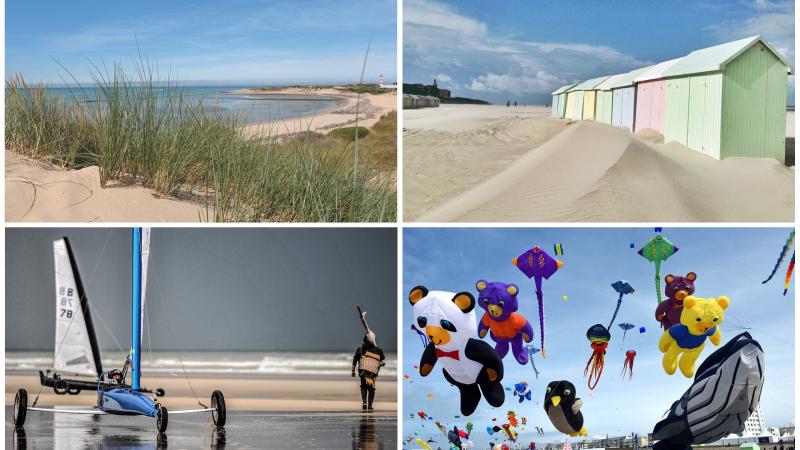 a beach, beach huts and inflatable animals flying as kites