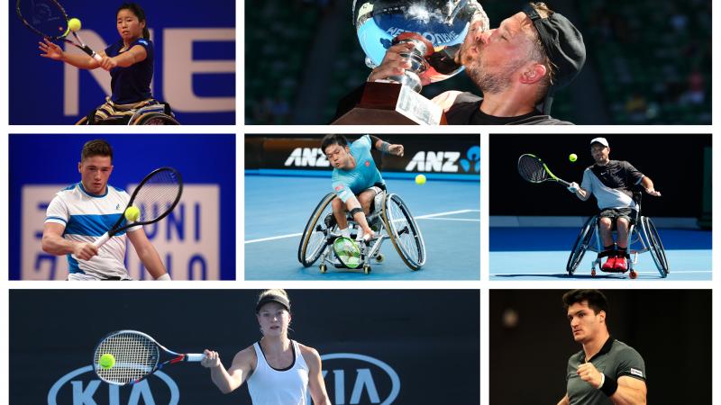 seven wheelchair tennis players in action on the court