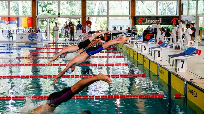 a group of Para swimmers dive into the pool at the start of the race