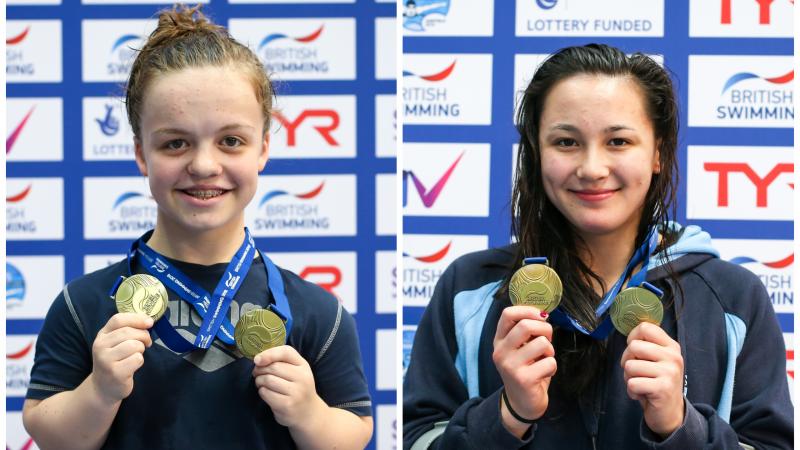 two female Para swimmers on the podium with medals around their neck