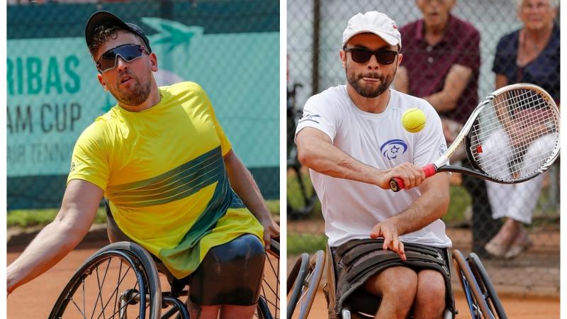 two male wheelchair tennis players in action