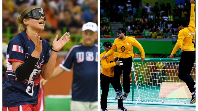 a male and female goalball team celebrate