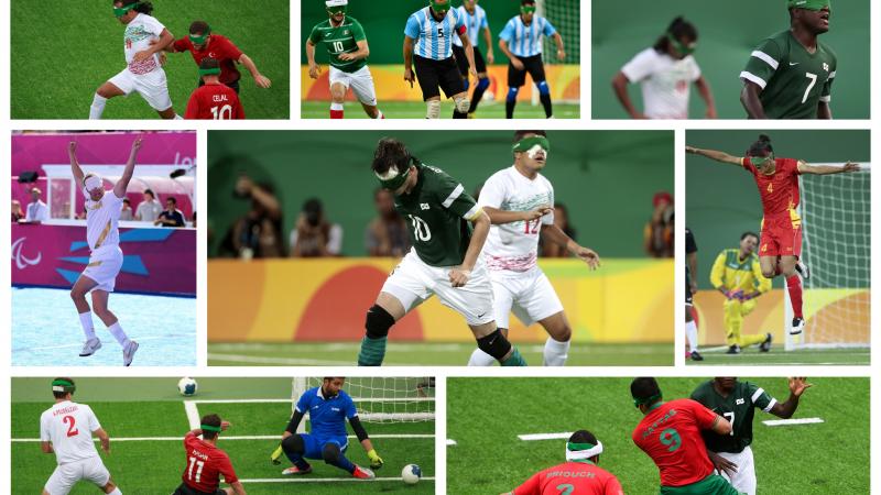 a group of blind footballers in action