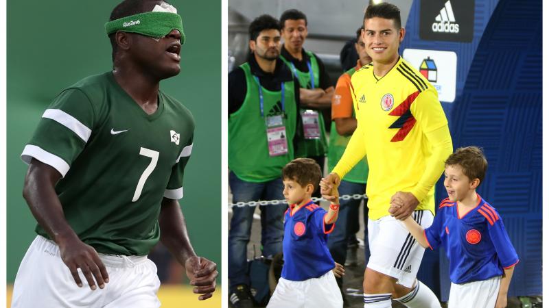 a male blind footballer and a male able-bodied footballer on the pitch