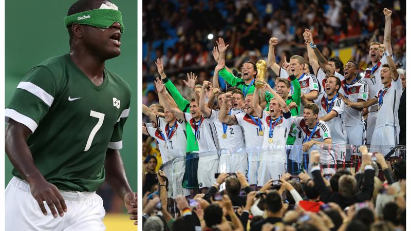 a male blind footballer and a group of able-bodied footballers holding the World Cup