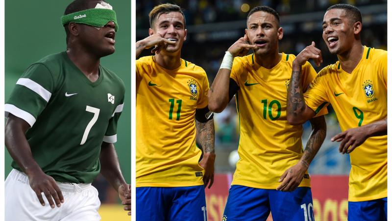 a male blind footballer and three male able-bodied footballers celebrating a goal