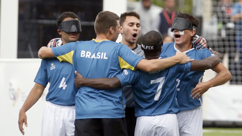 Brazilian blind footballers cheer together