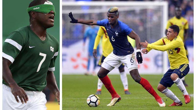 a male blind footballer and an able-bodied male footballer on the pitch